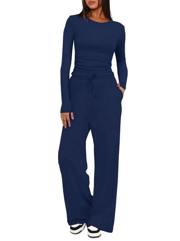 Ensemble de détente femme uni, froncé et à cordon de serrage, haut décontracté à manches longues et col rond et pantalon large à poches, pyjama femme pour toutes les saisons