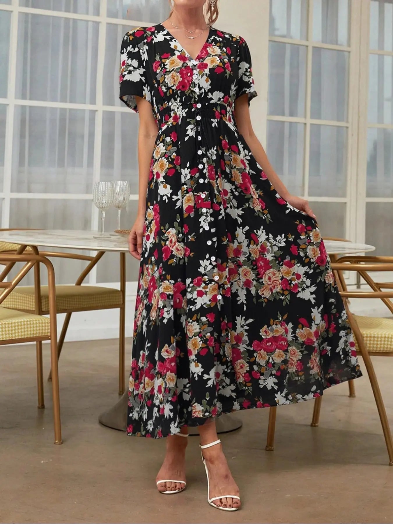 Robe boutonnée à imprimé floral pour femme, robe d'été à manches courtes de style bohème français, vêtements pour femme pour les vacances à la plage