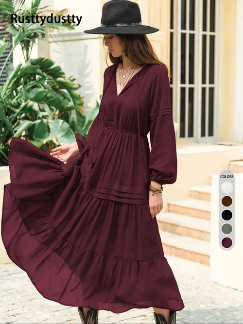 Women's Lantern Sleeve A-Line Maxi Dress, Spring & Summer Casual Long Dress, Plain Woven Fabric, Perfect for Outdoor Holidays