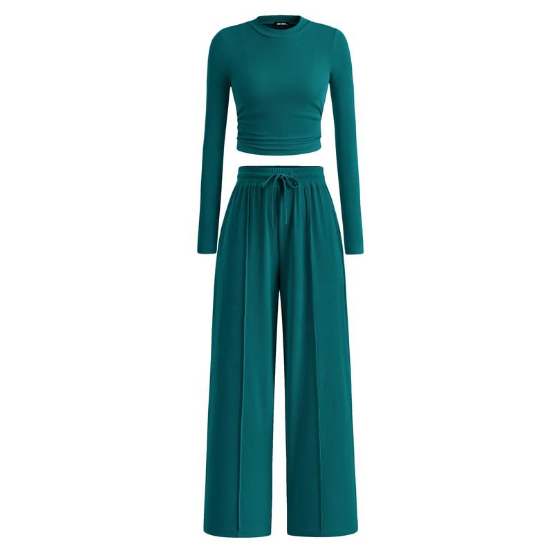 Ensemble de salon assorti 2 pièces en tricot côtelé : haut court à manches longues et pantalon large