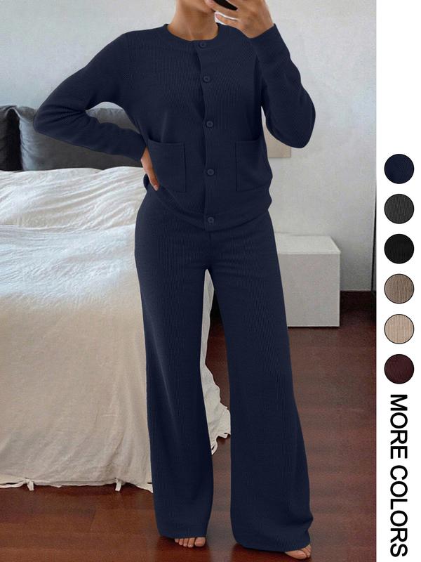 Ensemble pull tricoté à manches longues et col rond confortable et décontracté pour femme, pantalon ample polyvalent taille haute, parfait pour le quotidien