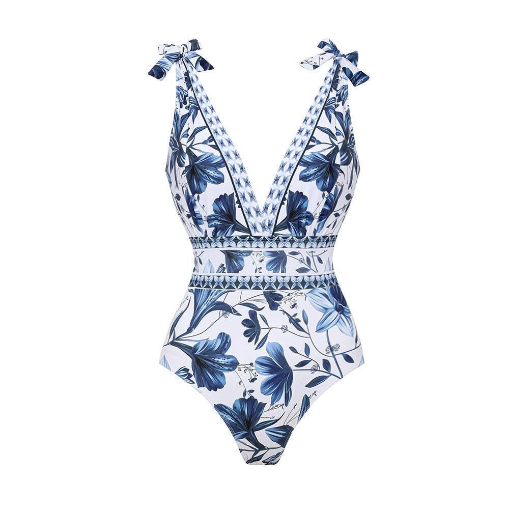 Maillot de Bain Une Pièce Imprimé à Col V et à Lacets avec Jupe