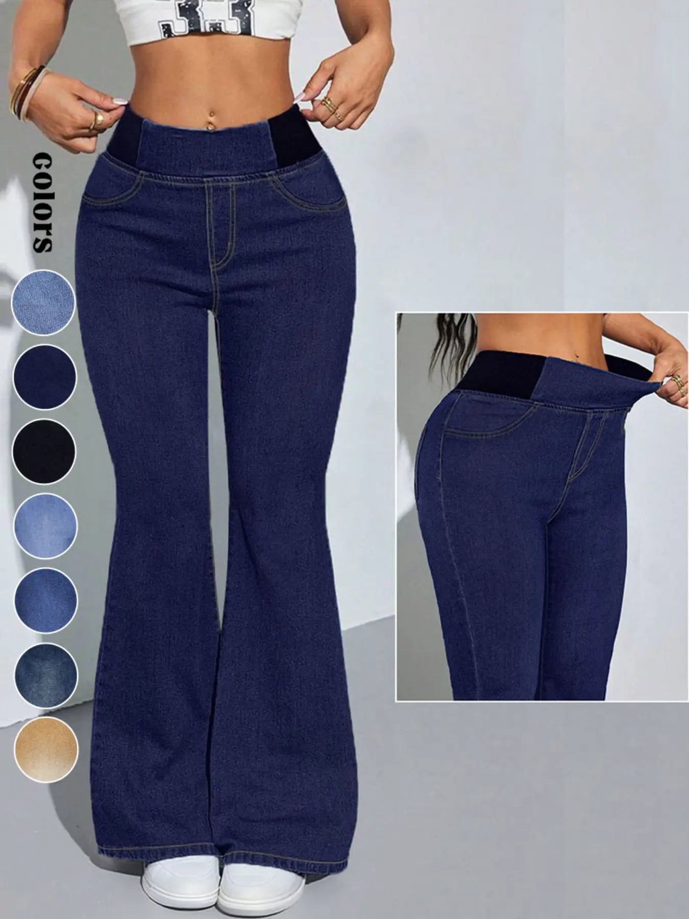 Jeans évasés Y2K 2026 pour femmes, taille élastique mi-haute, avec poches, délavage bleu clair, jeans pattes d'éléphant jambes larges pour femmes, taille ajustée