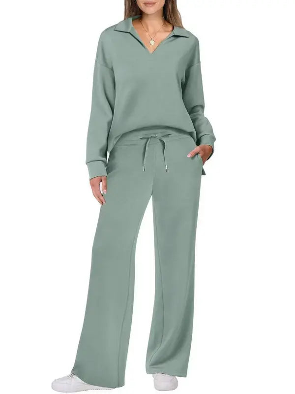 Ensemble de pantalon et haut à manches longues avec cordon de serrage pour femme, décontracté automne-hiver, couleur unie à la mode, tenue de ville, style