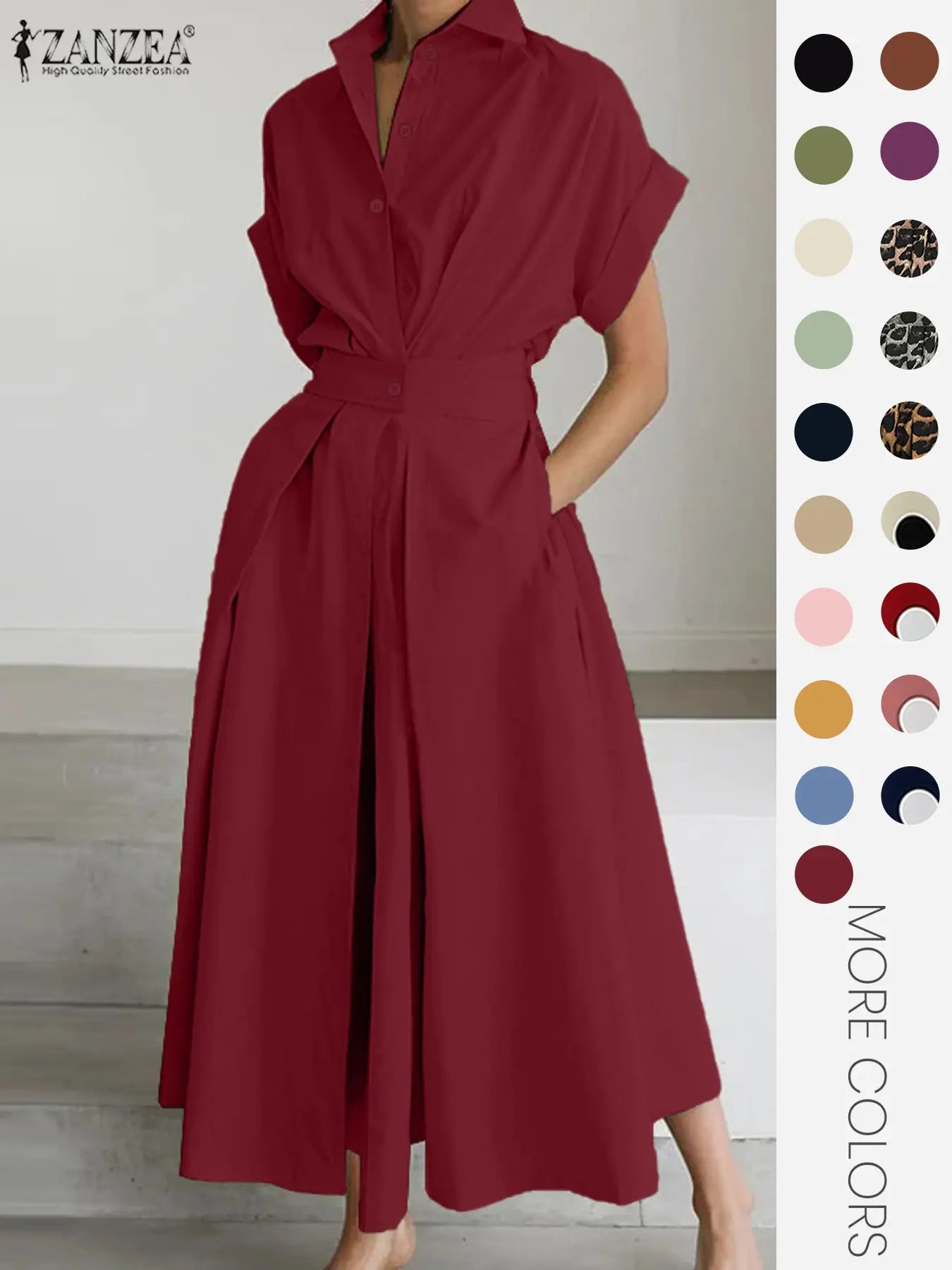 Robe unie à col pour femme, robe décontractée à manches courtes pour l'été, vêtements pour femmes pour le quotidien