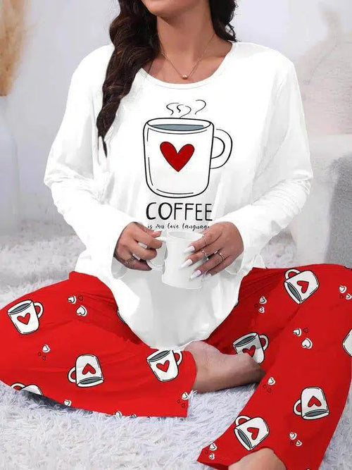 Ensemble de pyjama 2 pièces grande taille confortable avec impression cœur et lettres, haut à manches longues et pantalon, vêtements de nuit décontractés pour toutes les saisons