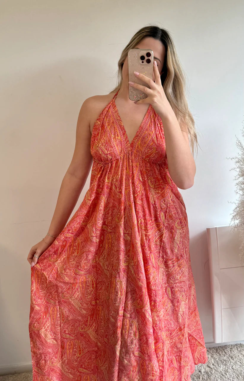 Robe longue bohème chic rouge pour femme