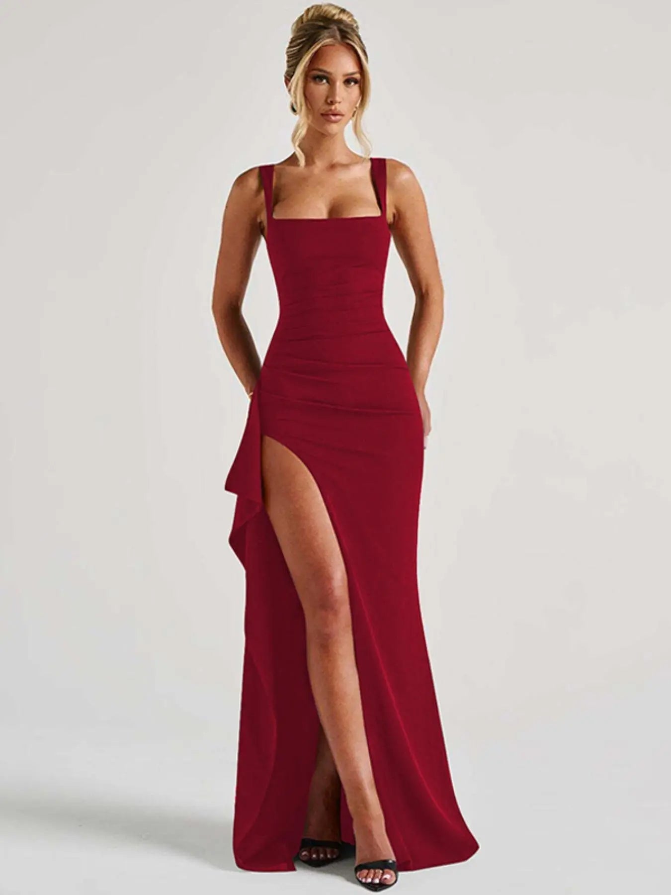 Robe longue fendue unie sans dos pour femme, élégante et sexy sans manches pour soirée, boîte de nuit, rendez-vous, vêtements pour femmes toutes saisons, robe nuisette