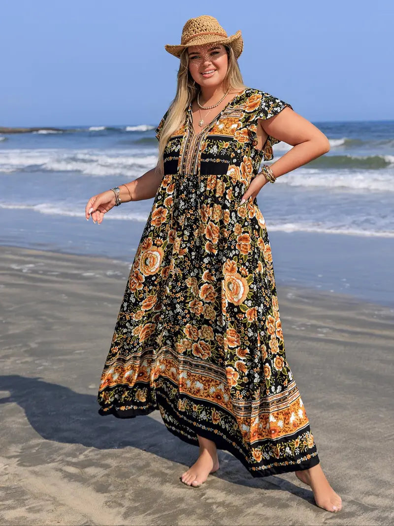 Robe longue à imprimé floral et col en V [Grandes tailles]