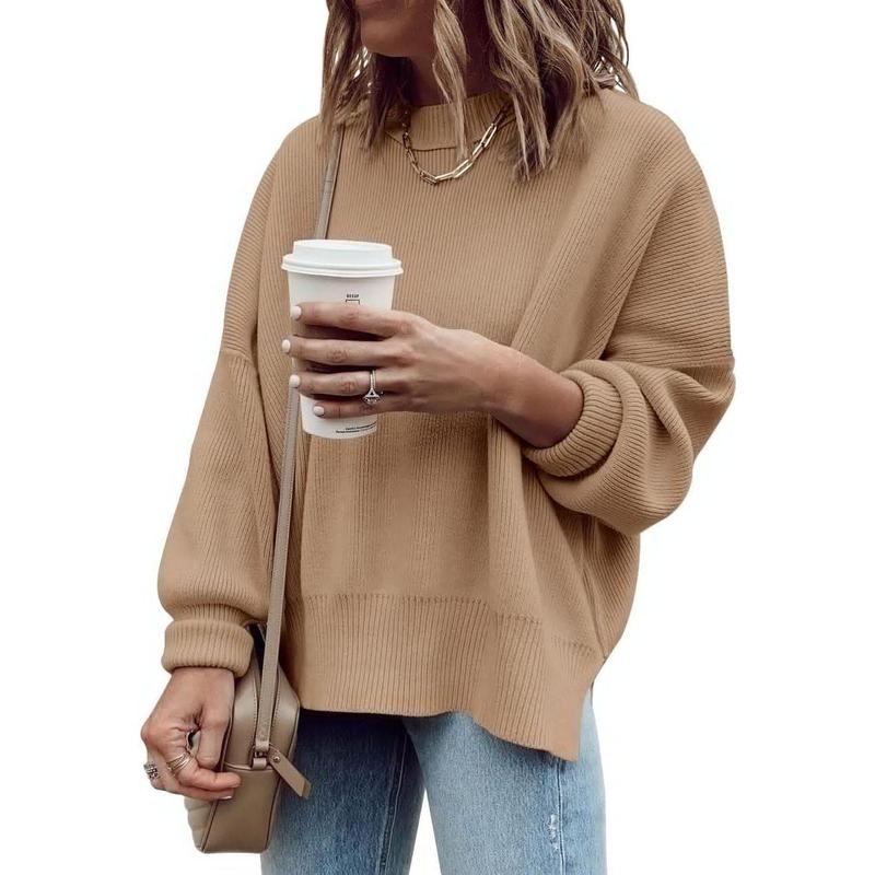 Pull Tunique Oversize Femme, Ample, Manches Longues, Tricot Côtelé, Fentes Latérales