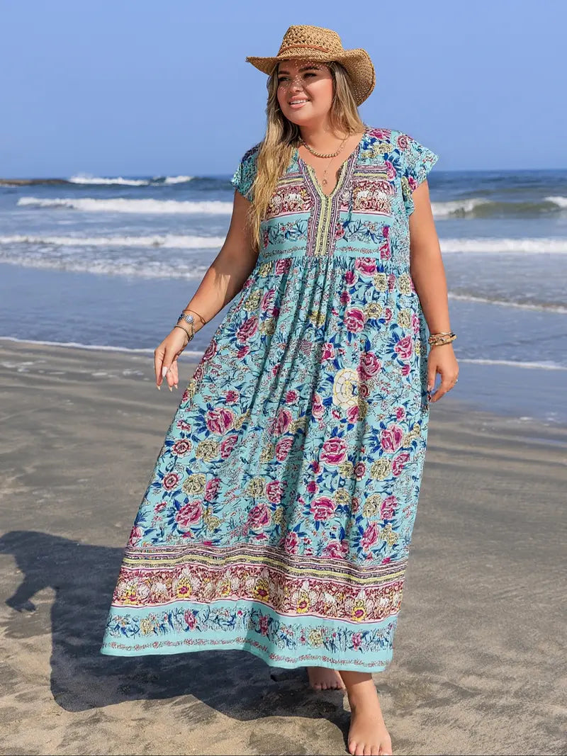 Robe longue à imprimé floral et col en V [Grandes tailles]