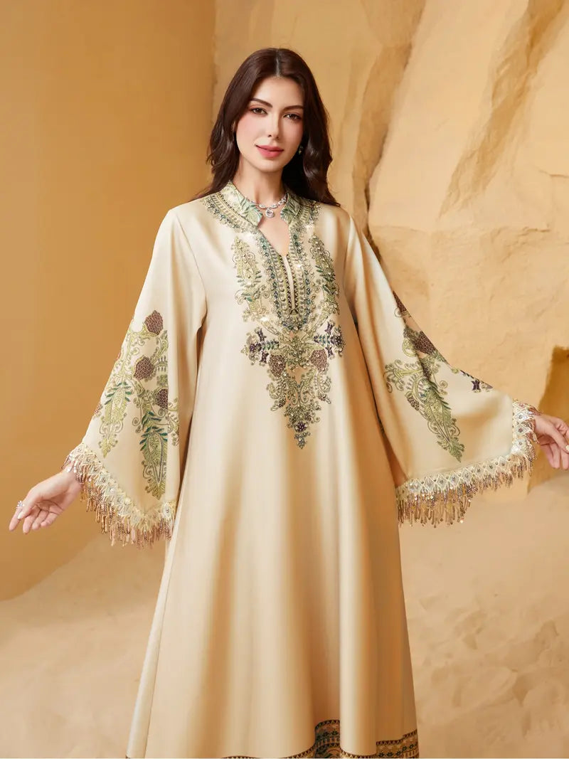 Robe longue élégante pour femme, coupe ample, imprimé ethnique, laçage, toutes saisons, parfaite pour les soirées et les événements spéciaux