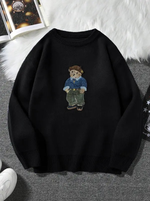 Pull ras du cou unisexe imprimé ours de dessin animé, pull décontracté ample à manches longues pour l'automne et l'hiver, tricot tendance pour femme pour un usage quotidien