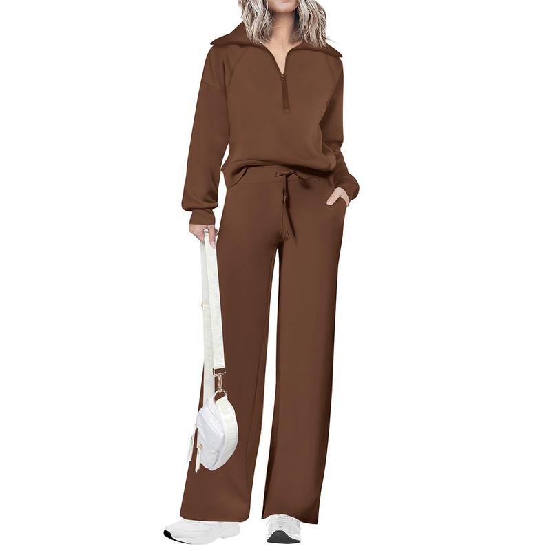 Ensemble de survêtement décontracté 2 pièces pour femme - Sweat-shirt à demi-zip et pantalon large avec cordon de serrage - Haut et pantalon de survêtement assortis pour le confort