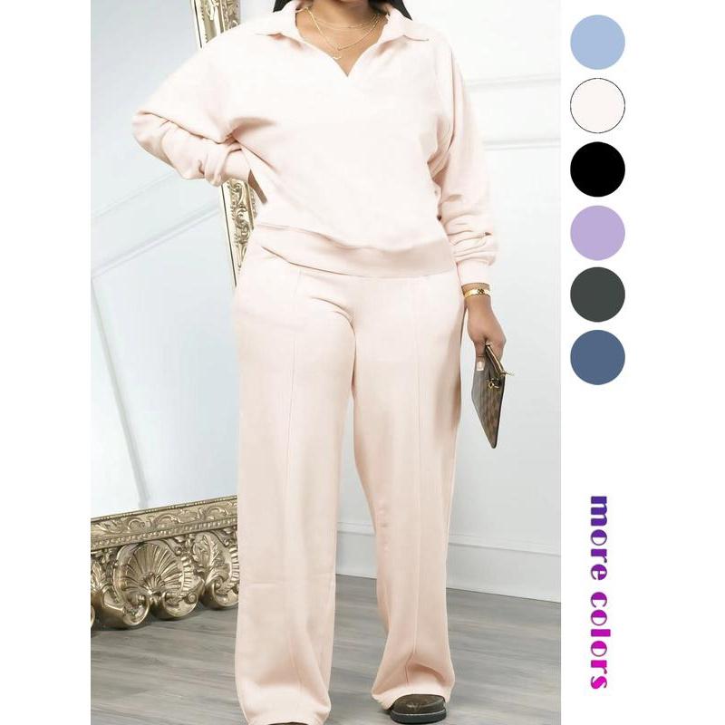 Ensemble de survêtement uni à manches longues et pantalon taille coulissée pour femme, tenue deux pièces décontractée et confortable pour le quotidien et l'extérieur, vêtements pour femme pour toutes les saisons