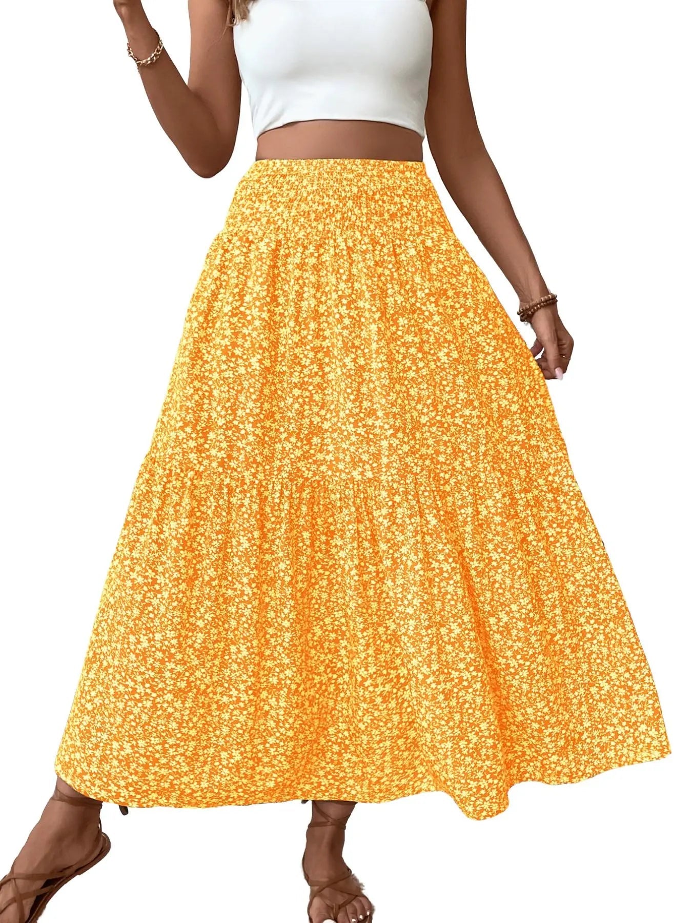 Jupe trapèze décontractée fleurie pour femme, taille élastique, poches, ourlet feuille, jupe longue ajustée, robe mi-longue tendance