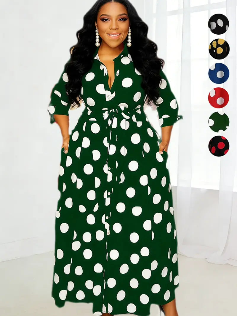 Robe chemise grande taille à pois avec ceinture et boutons devant