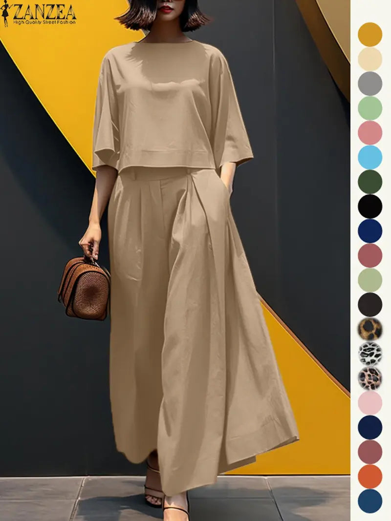 Ensemble deux pièces haut et pantalon large pour femme, haut et pantalon décontractés, mode minimaliste, confortables, à manches trois quarts, pour tous les jours en extérieur, vêtements pour femmes toutes saisons