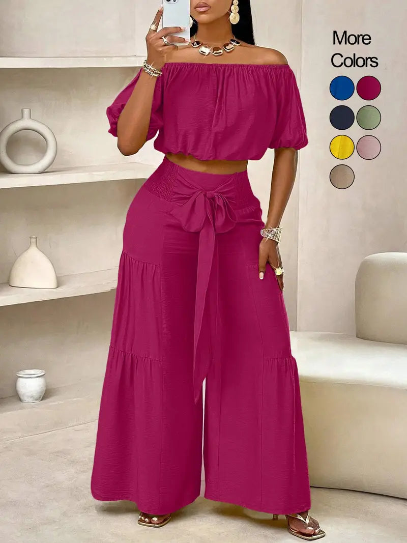 Ensemble pantalon femme couleur unie à jambes larges, haut décontracté à épaules dénudées et pantalon palazzo pour l'été, tenue de vacances à la plage pour femme.