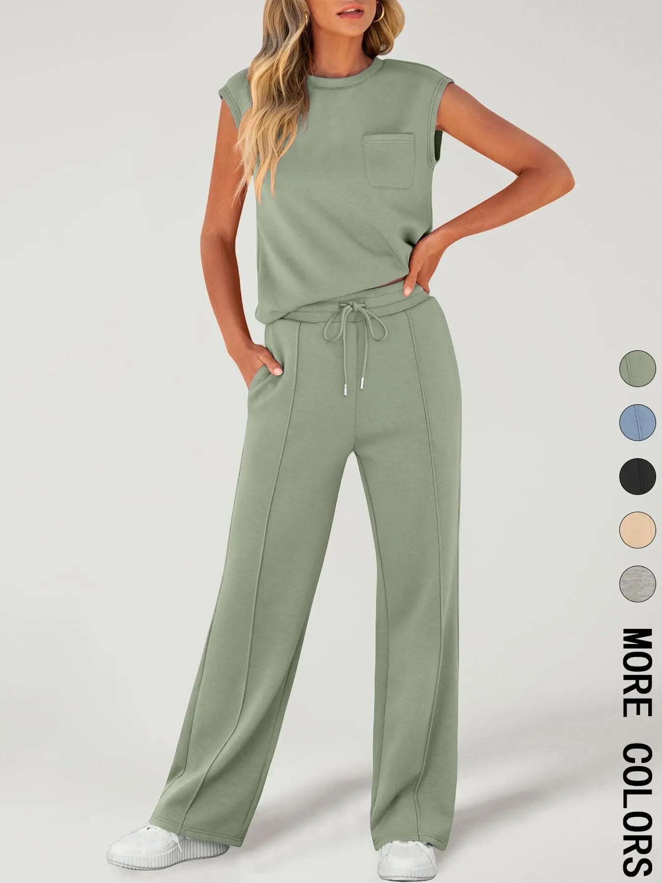 Ensemble deux pièces décontracté pour femme, débardeur uni et pantalon à cordon de serrage, haut sans manches à col rond et pantalon pour un usage quotidien, tenues deux pièces pour femmes toutes saisons
