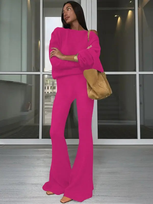 Ensemble haut à col asymétrique uni et pantalon évasé pour femme, haut décontracté à manches longues et épaules tombantes et pantalon, vêtements d'automne et d'hiver pour femme pour un usage quotidien