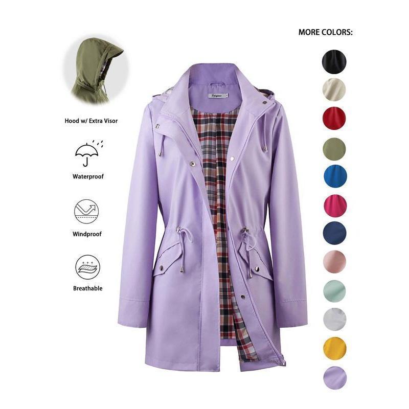 Trench-coat à capuche zippé de couleur unie pour femme, à cordon de serrage, manches longues, imperméable, coupe-vent, doux, confortable, décontracté, adapté au printemps, à l'automne, aux tenues quotidiennes et aux sorties