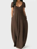 Women's Long Nightgown, Coffee Leopard Print, Casual Round Neck Long Sleeve Pocket Sleepwear, Soft Comfortable All-Season Loungewear