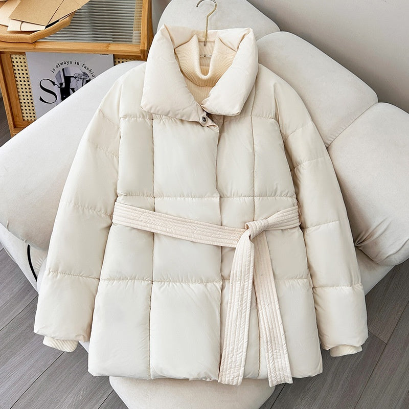 Doudoune matelassée mi-longue ceinturée pour femme, Manteau décontracté résistant à l'eau pour femme, Vêtement d'extérieur matelassé classique avec grandes poches