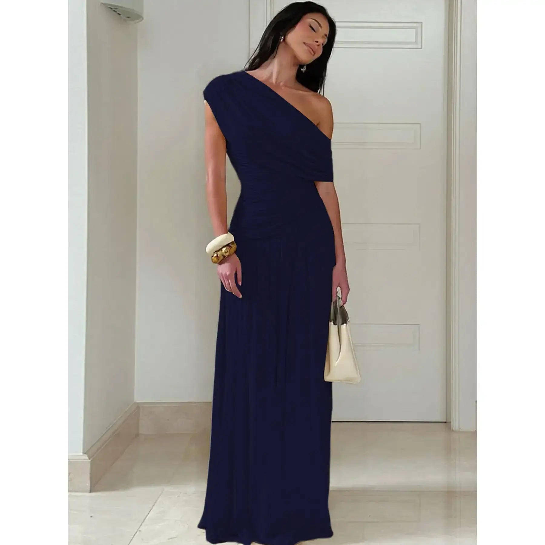 Robe unie drapée pour femme, robe de soirée élégante, vêtements d'été pour femmes, robe asymétrique drapée