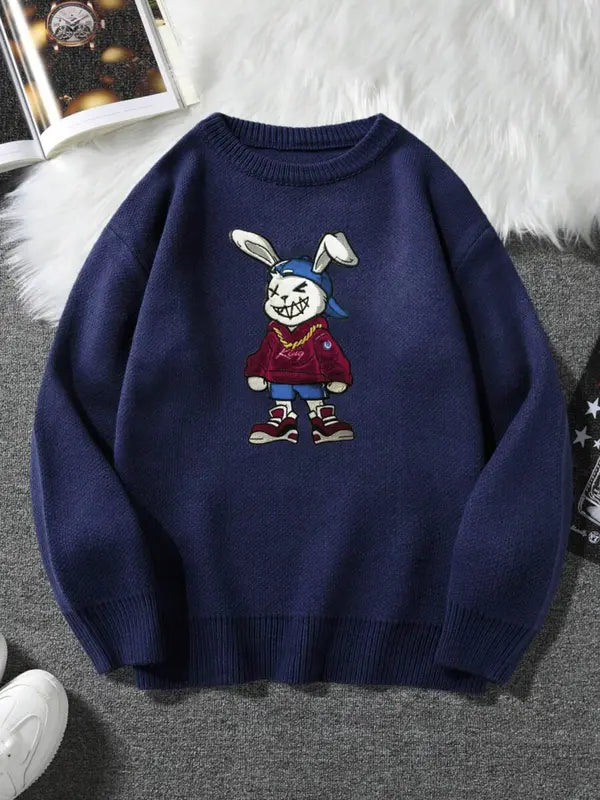 Pull ras du cou unisexe imprimé ours de dessin animé, pull décontracté ample à manches longues pour l'automne et l'hiver, tricot tendance pour femme pour un usage quotidien
