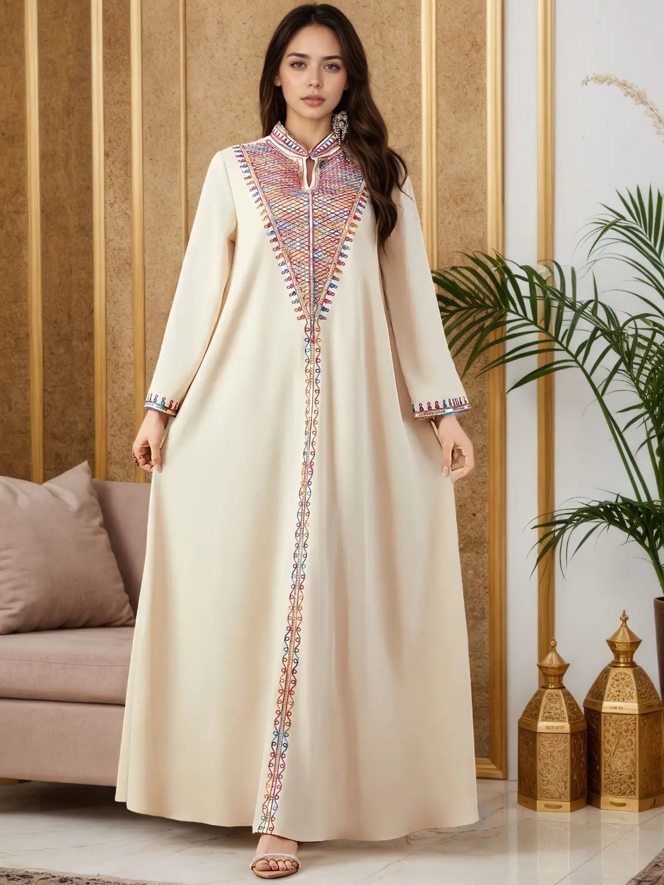 Longue robe musulmane élégante pour femme avec broderie colorée, parfaite pour toutes les saisons, vêtement stylé et confortable, robes pour femmes musulmanes