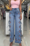 Women High Waisted Embroidered Side Hollow Strap Casual Wide Leg Jeans