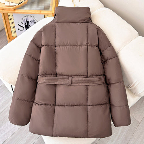 Doudoune matelassée mi-longue ceinturée pour femme, Manteau décontracté résistant à l'eau pour femme, Vêtement d'extérieur matelassé classique avec grandes poches