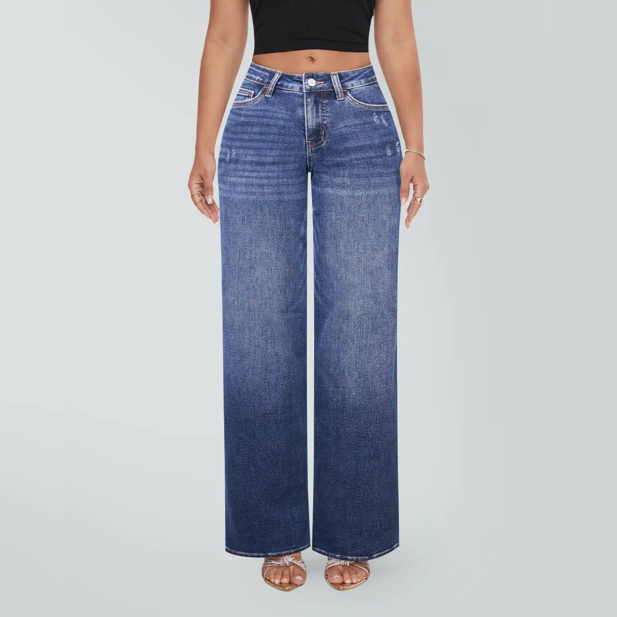 Magic SHAPUM Jean BBL pour femme taille mi-basse, jambe large, coupe ample, confortable, en denim extensible, pantalon noir B en denim extensible, legging ample