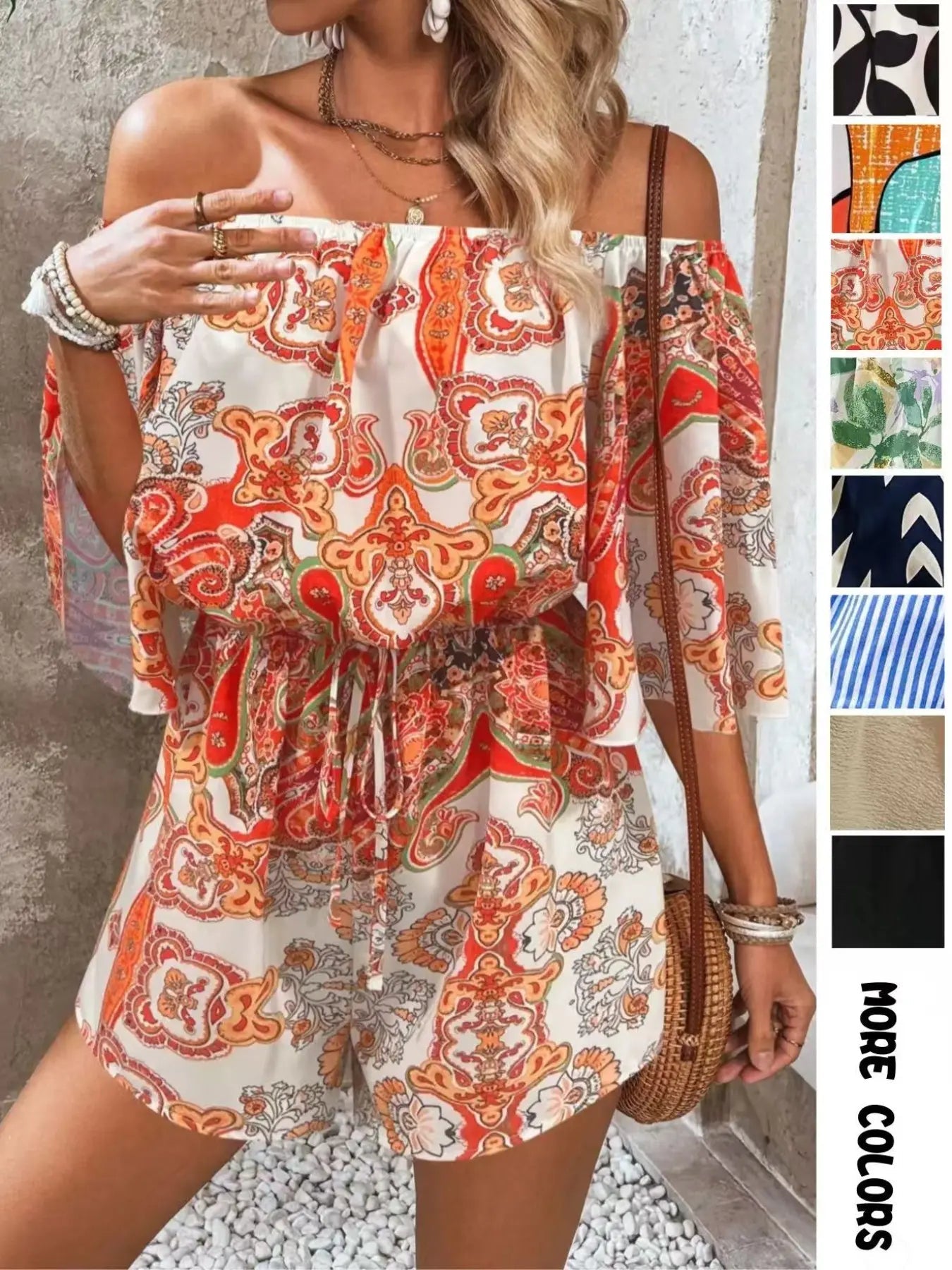 Combishort Femme à Imprimé Feuillage Épaules Dénudées et Nœud sur le Devant, Combinaison Décontractée à Manches Volantes pour l'Été, Vêtements de Mode pour Femme pour Vacances à la Plage