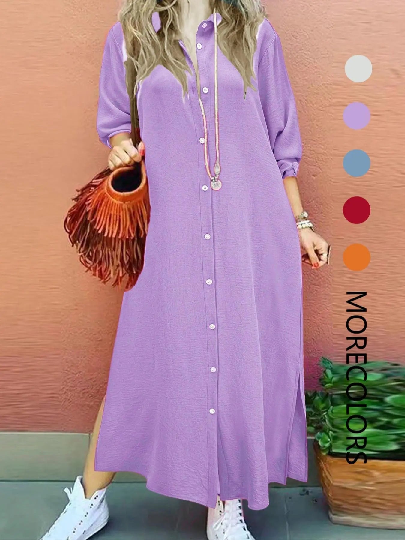 Robe longue unie à col chemise et boutons pour femme, Robe longue décontractée à col pour le quotidien et l'extérieur, Robe pour femme pour le printemps