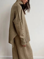 Women's 2 Pcs Sweater Set Autumn/Winter Long Sleeve Turtle Neck Drop Shoulder Solid Color Pullover Sweater and Wide Leg Pants