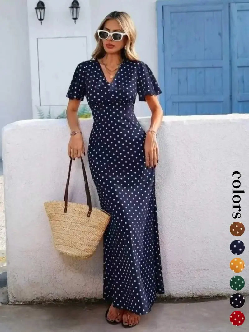 Robe longue bohème à col en V et manches courtes pour femmes, style décontracté à pois pour les vacances, nouvelle mode européenne et américaine