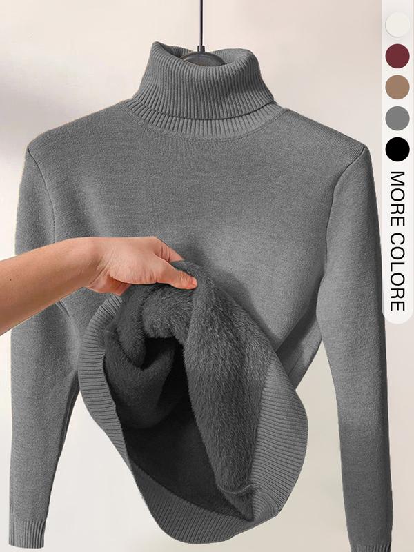Pull en tricot uni doublé thermiquement à épaules tombantes et col montant pour femmes, pull décontracté à manches longues pour le quotidien en extérieur, haut en tricot pour femmes pour l'automne et l'hiver.