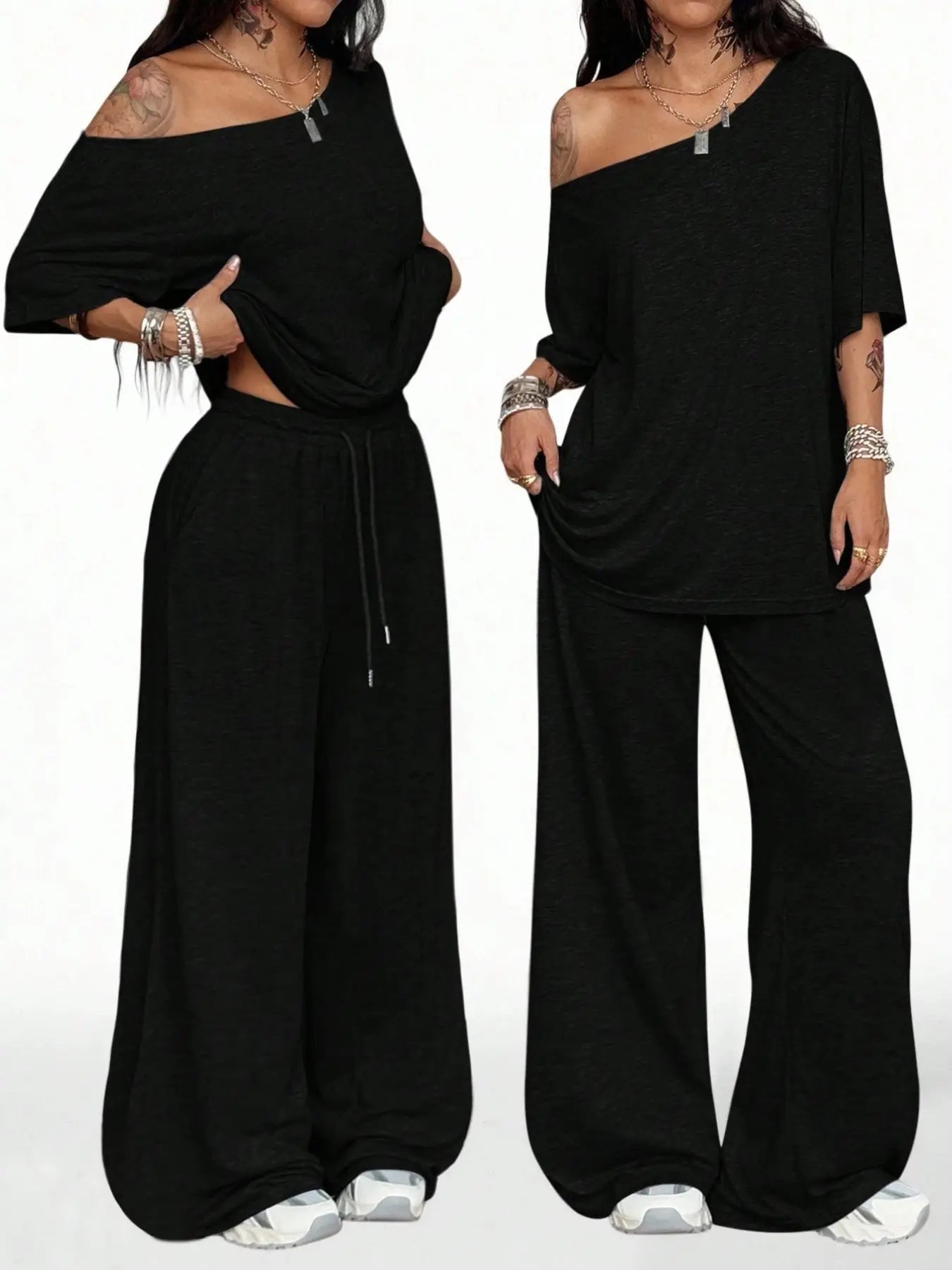 Ensemble deux pièces décontracté de sport de couleur unie pour femme, pantalon long ample et costume à col oblique à jambes larges, mode printemps et automne.