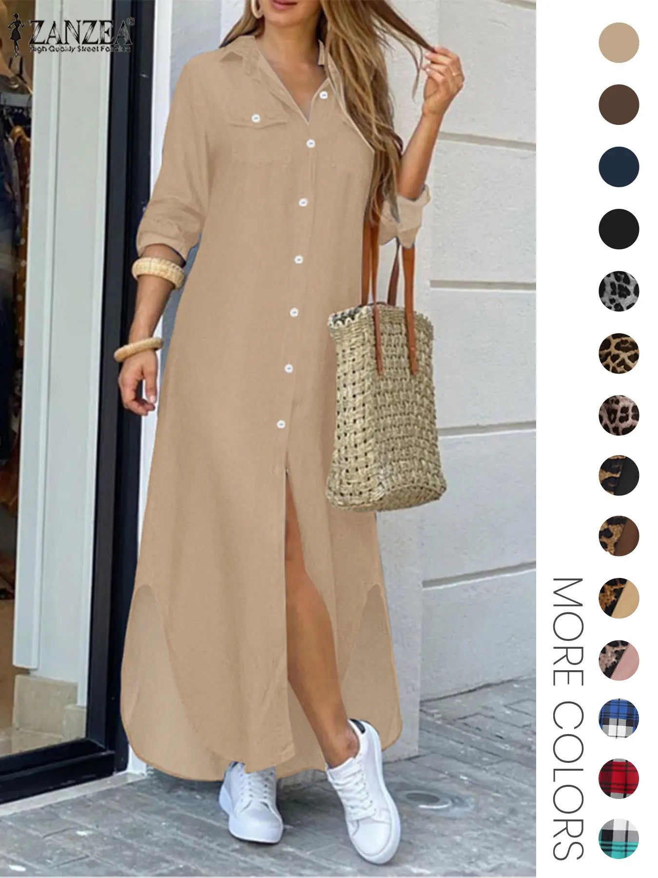 Robe chemise femme à imprimé léopard, boutonnée sur le devant avec poches à rabat, en tissu, décontractée, ourlet incurvé, manches longues, col chemise, longue, pour le quotidien, vêtements pour femmes toutes saisons