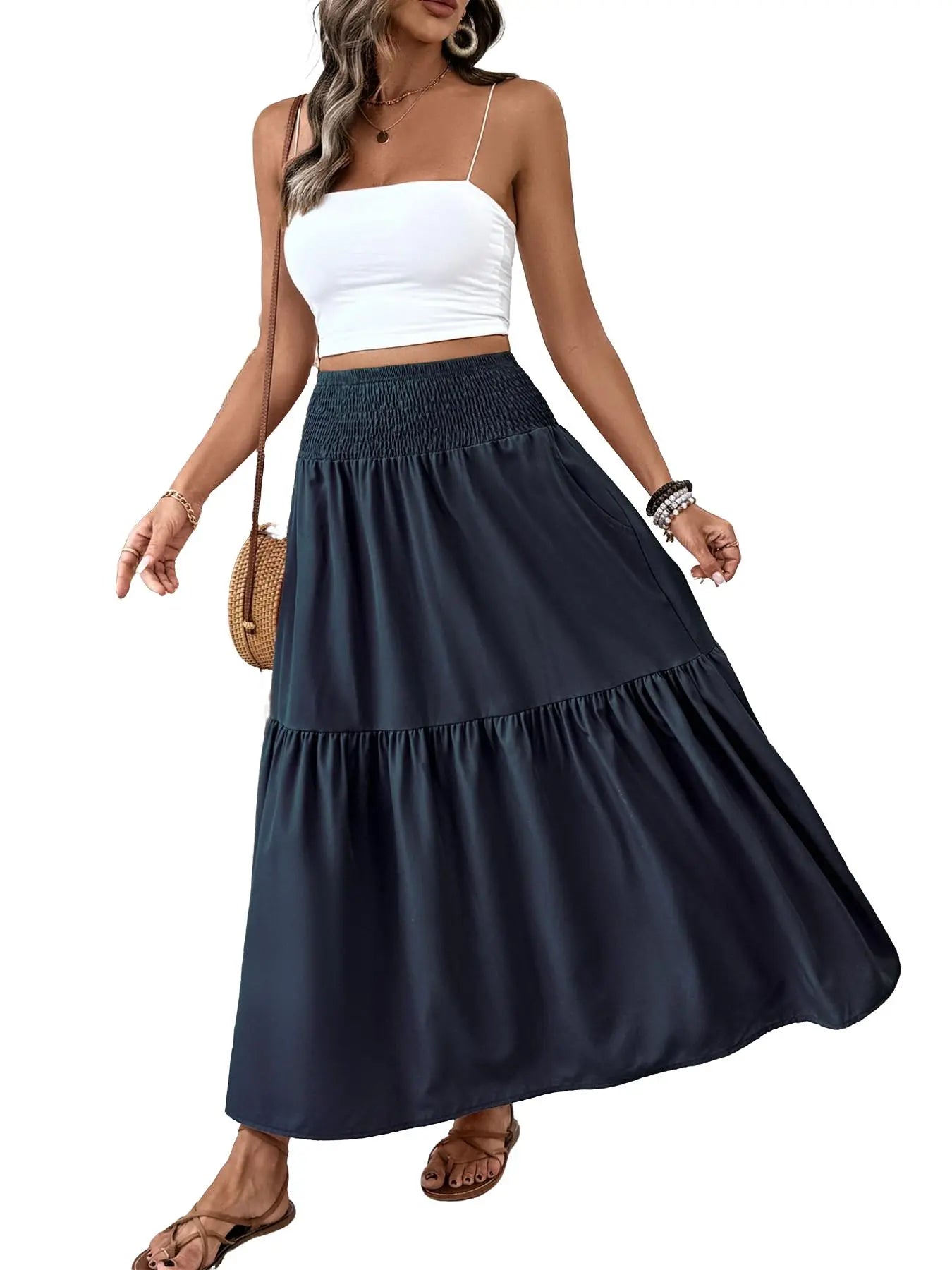 Jupe trapèze décontractée fleurie pour femme, taille élastique, poches, ourlet feuille, jupe longue ajustée, robe mi-longue tendance