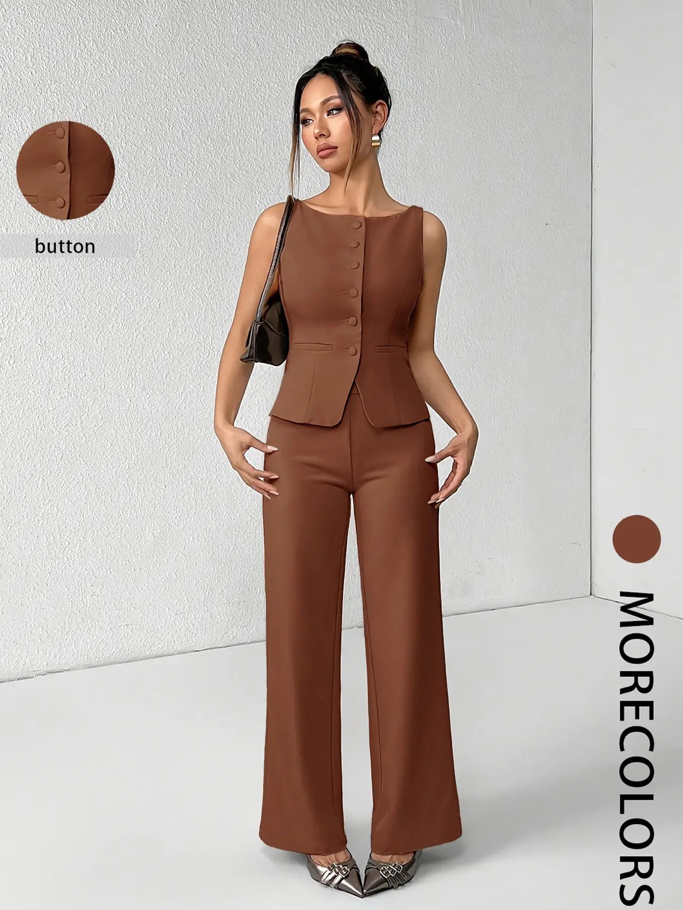 Ensemble deux pièces minimaliste et chic pour femme, composé d'un débardeur sans manches uni boutonné et d'un pantalon large, idéal pour l'été, le quotidien, le bureau, les tenues d'entreprise et les ensembles décontractés assortis.
