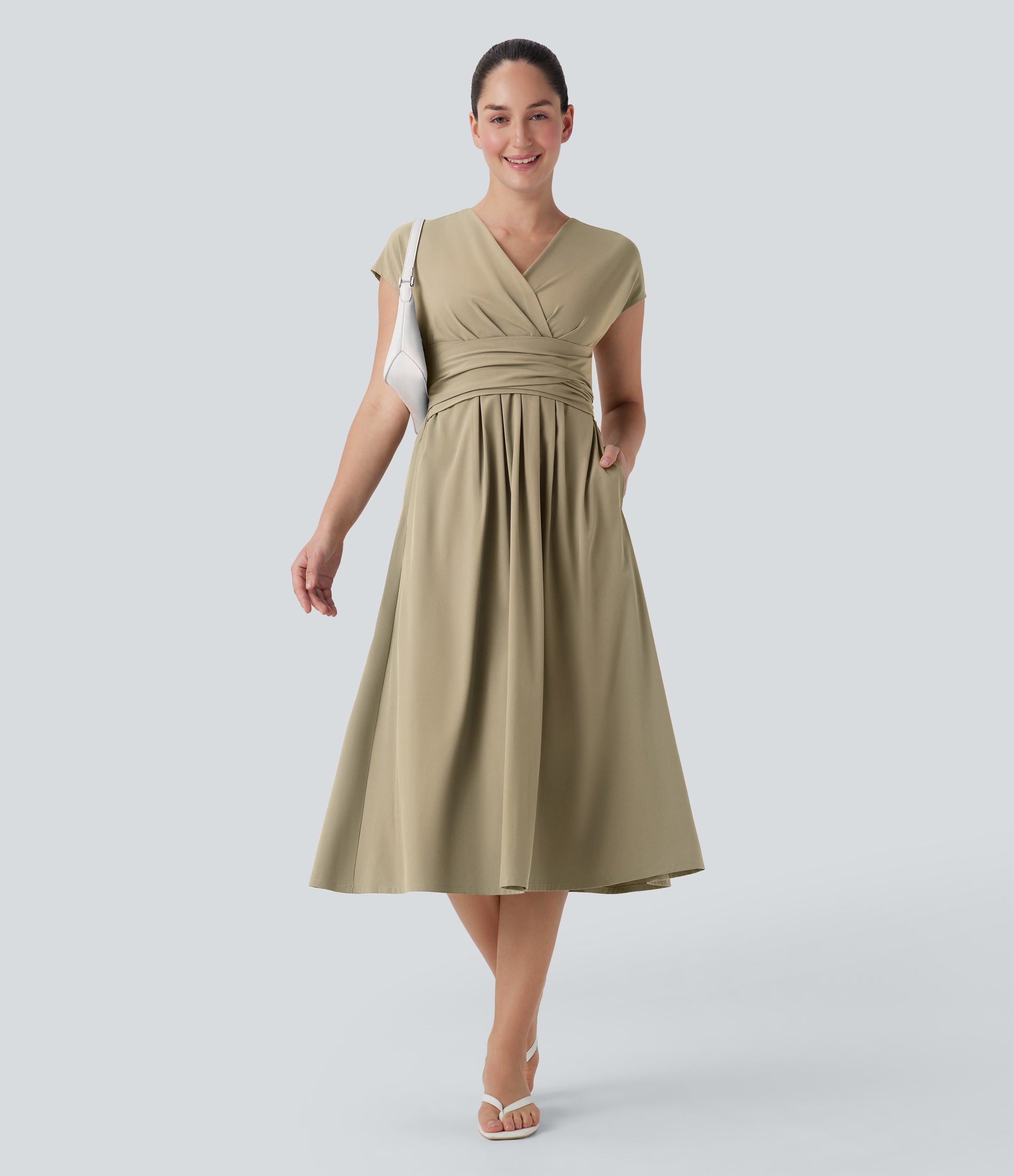 Robe midi décontractée, col en V, manches courtes, poches latérales, dos noué, séchage rapide