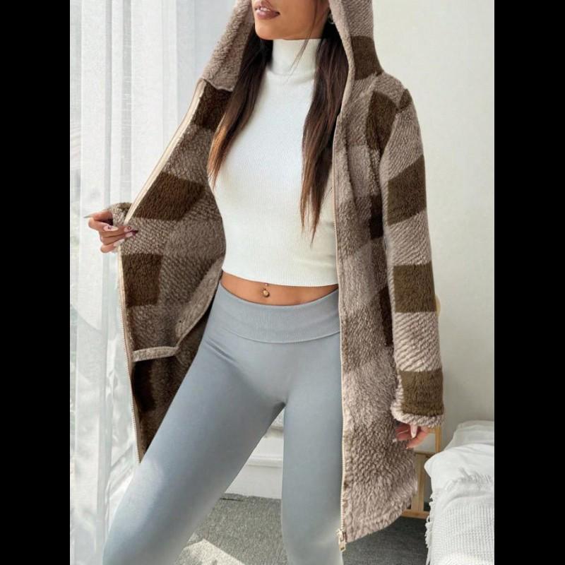 Sweat à capuche zippé en plaid et bordure duveteuse pour femme, décontracté automne/hiver