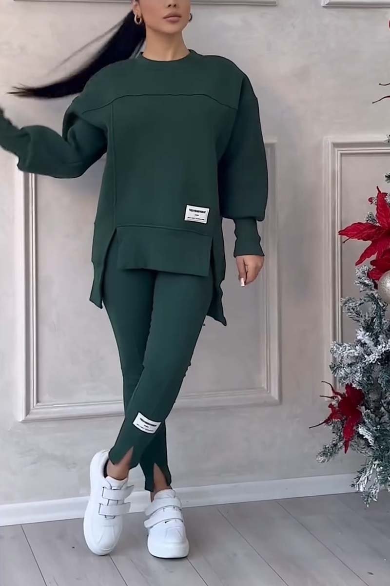 (SANS IMPRESSION AU DOS) Ensemble legging et sweat-shirt décontracté pour femme, col rond, manches longues, ourlet fendu, couleur unie