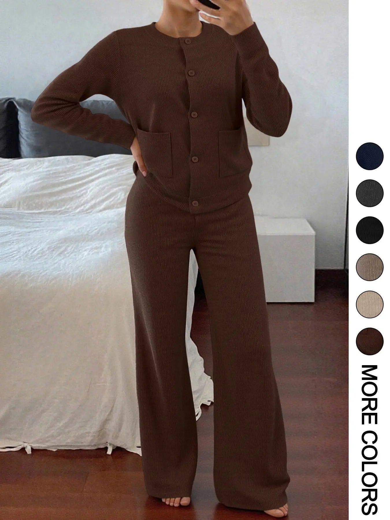 Ensemble pull tricoté à manches longues et col rond confortable et décontracté pour femme, pantalon ample polyvalent taille haute, parfait pour le quotidien