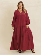 [Plus Size] Plain V-Neck Long Sleeve Maxi Dress, Boho Modest Dress for Daily Holiday Vacation Wear, Women's Plus-Size Clothing for All Seasons