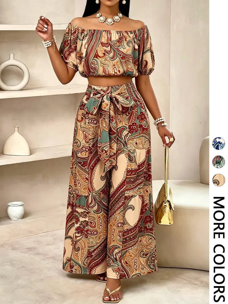 Ensemble pantalon femme couleur unie à jambes larges, haut décontracté à épaules dénudées et pantalon palazzo pour l'été, tenue de vacances à la plage pour femme.