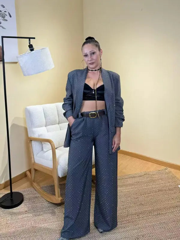 Ensemble veste et pantalon à micro-sequins, ensemble 2 pièces avec ceinture, taille unique femme, élégant et polyvalent